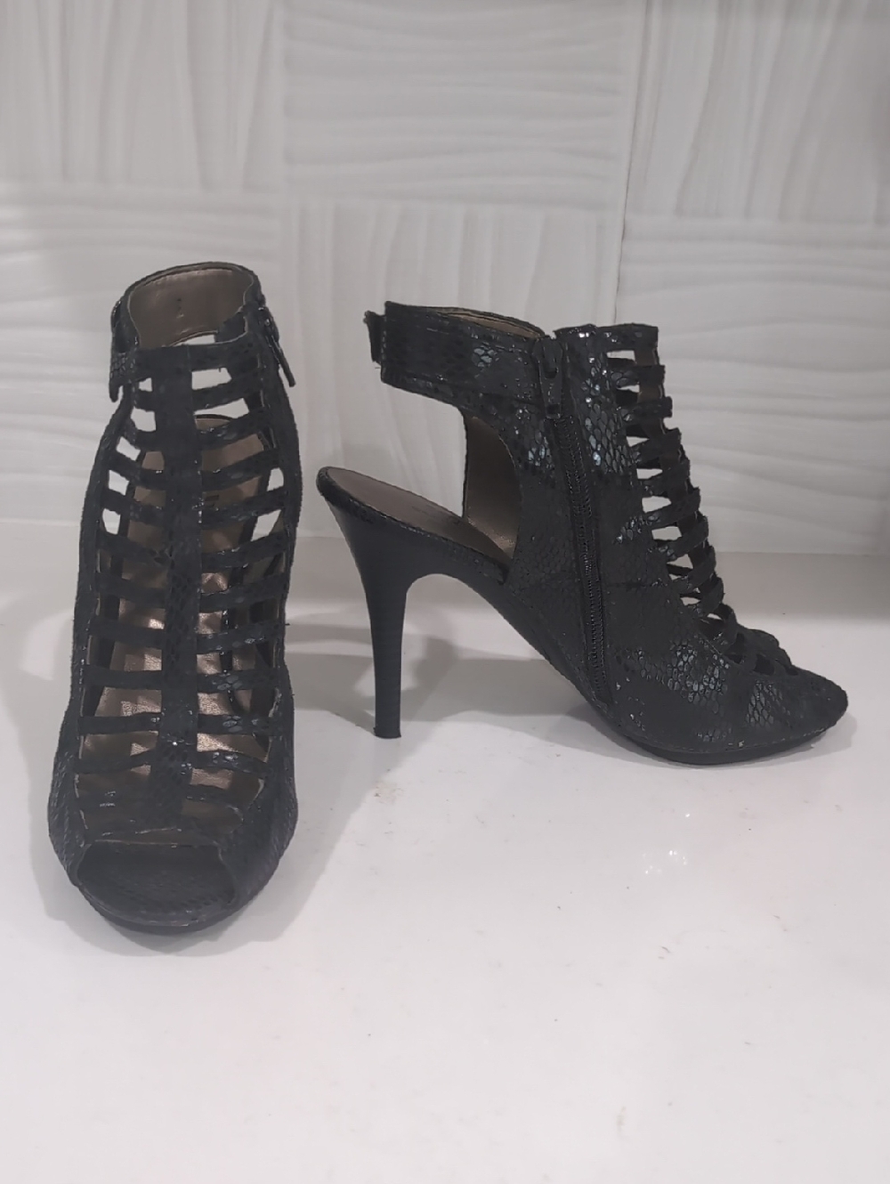Worthington Black Cage Peep-Toe Stiletto Booties